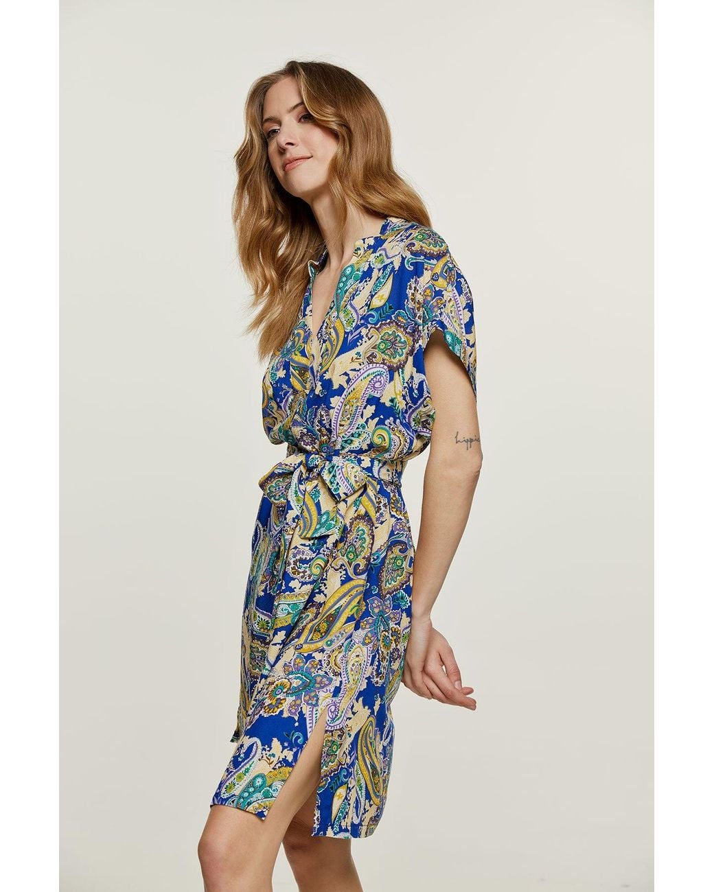 Conquista Blue Paisley Print Dress With Slits