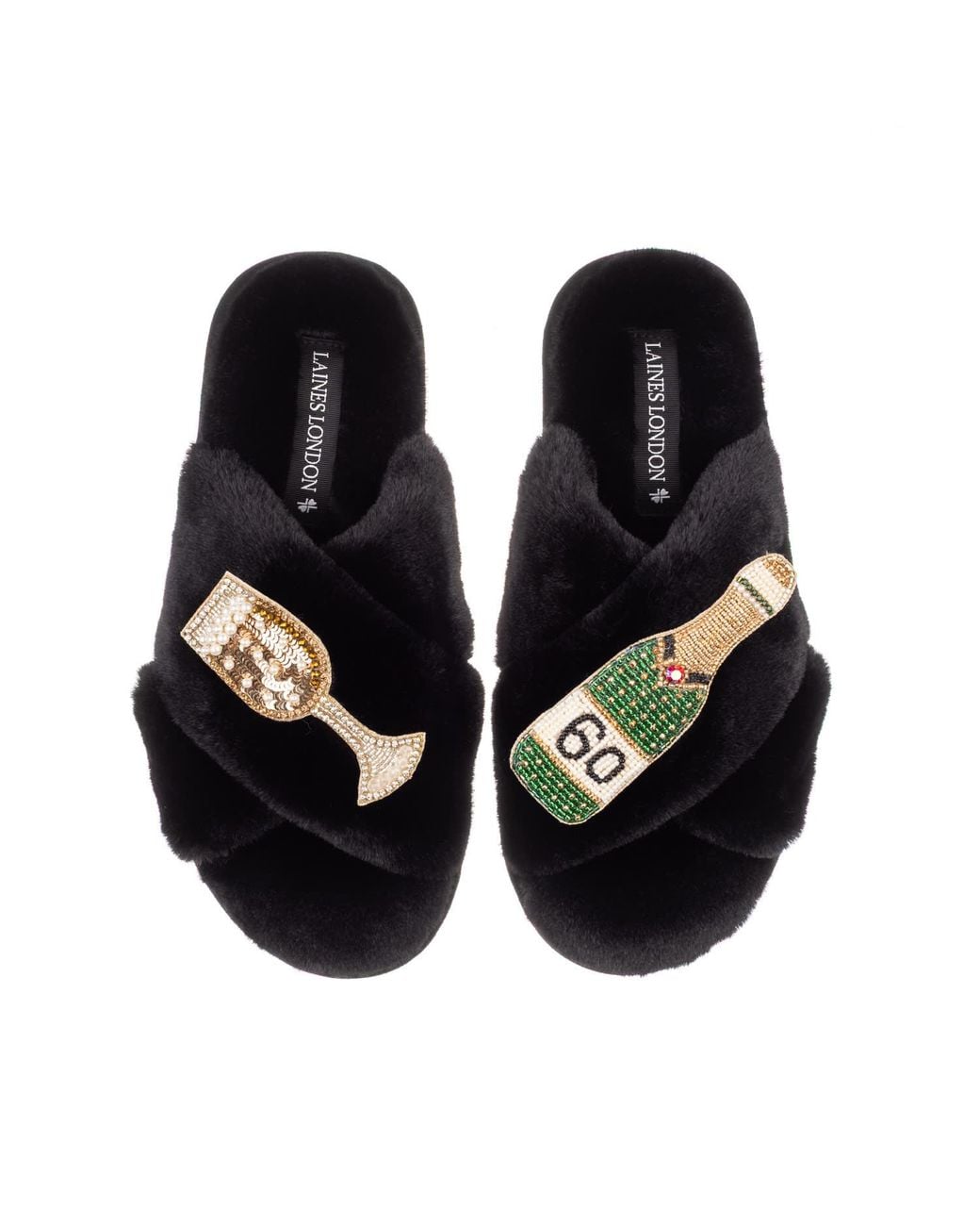Laines London Black Classic Laines Slippers With Champagne & Glass 60Th Birthday Brooches