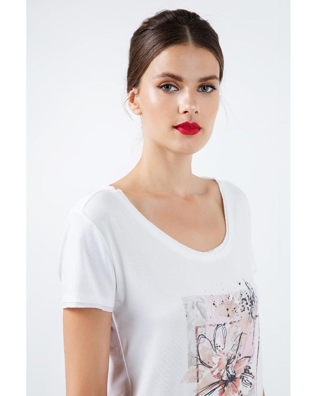 Conquista White Neutrals Short Sleeve Top With Multicoloured Print Detail