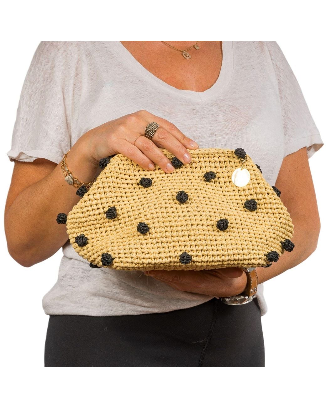 Springmoonatelier Metallic Pompom Raffia Handbag