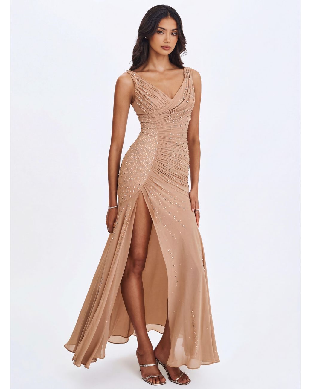 Miss Circle New York Brown Neutrals Viveca Apricot Crystal-Embellished Asymmetrical Ruched Maxi Dress
