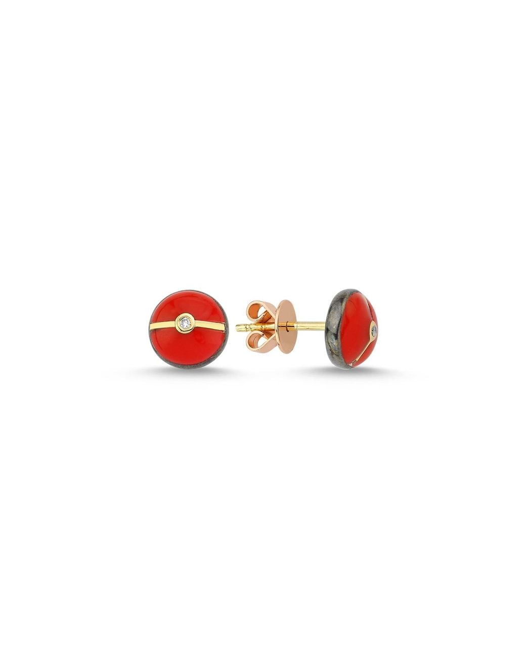 Ecce | Artisan Diamonds Red Enamelled Very Mini Multi Diamond Buttons 14K Earring
