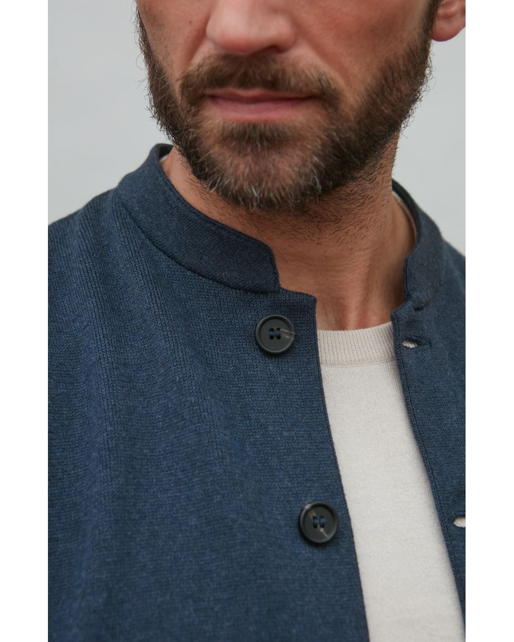Paul James Knitwear Blue Midweight Cotton Cochin Knitted Nehru Waistcoat for men