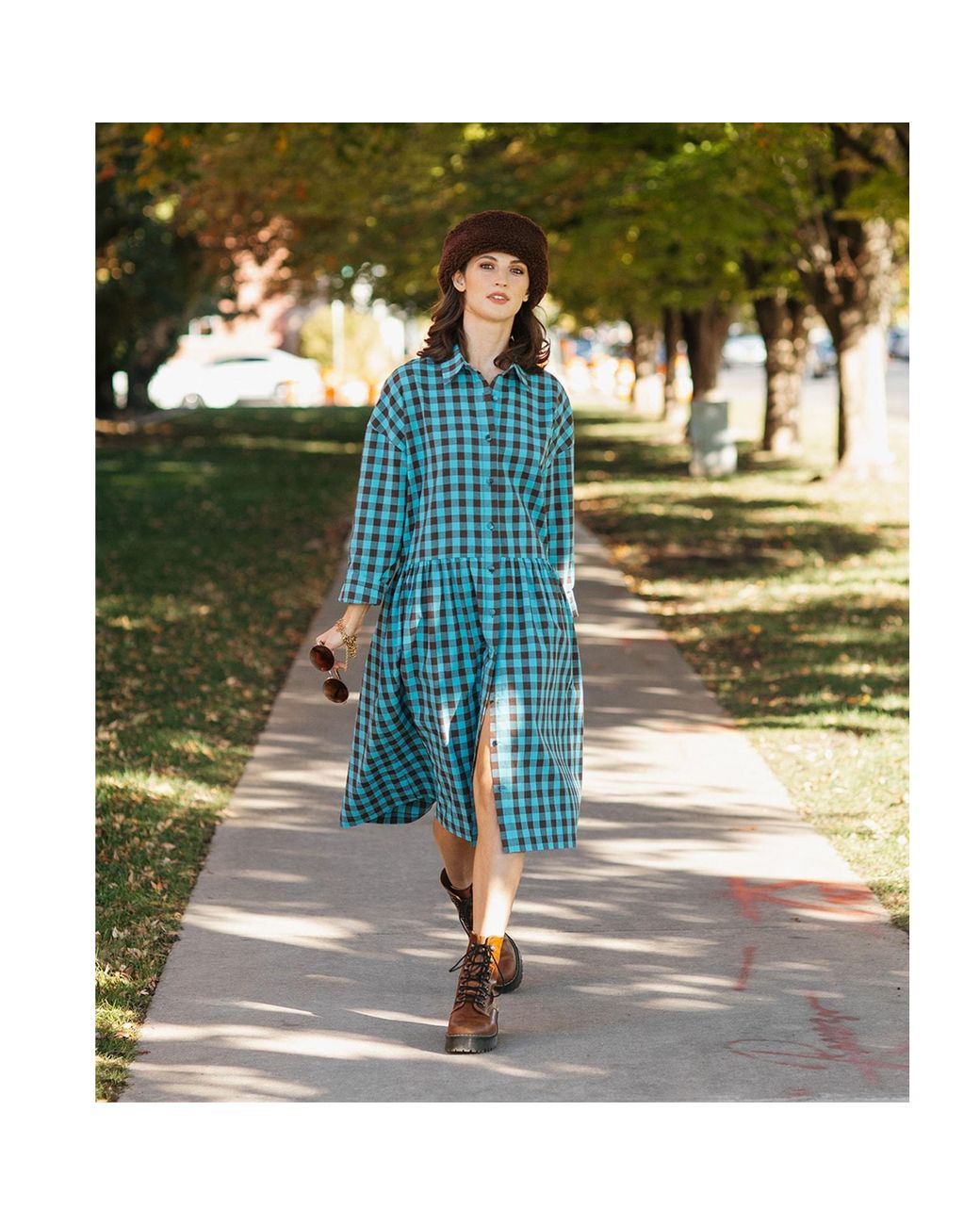 Zenzee Blue Cotton Linen Gingham Shirt Dress
