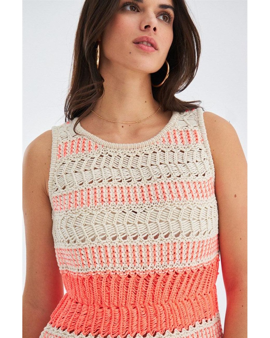 Peraluna Pink Kiyo Sleeveless Above-Knee Tasseled Open Work Summer Knit Dress