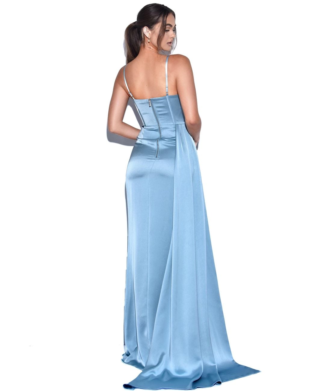 Miss Circle New York Blue Elayna Pale Strappy Satin Corset High Slit Gown