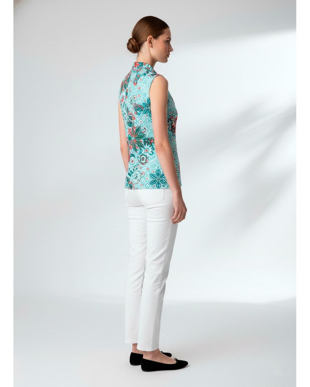 Conquista Red Chic Floral Sleeveless Top With Draped Neckline