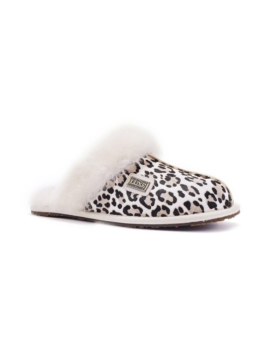 Australia Luxe White Closed Mule Slippers Snow Leopard