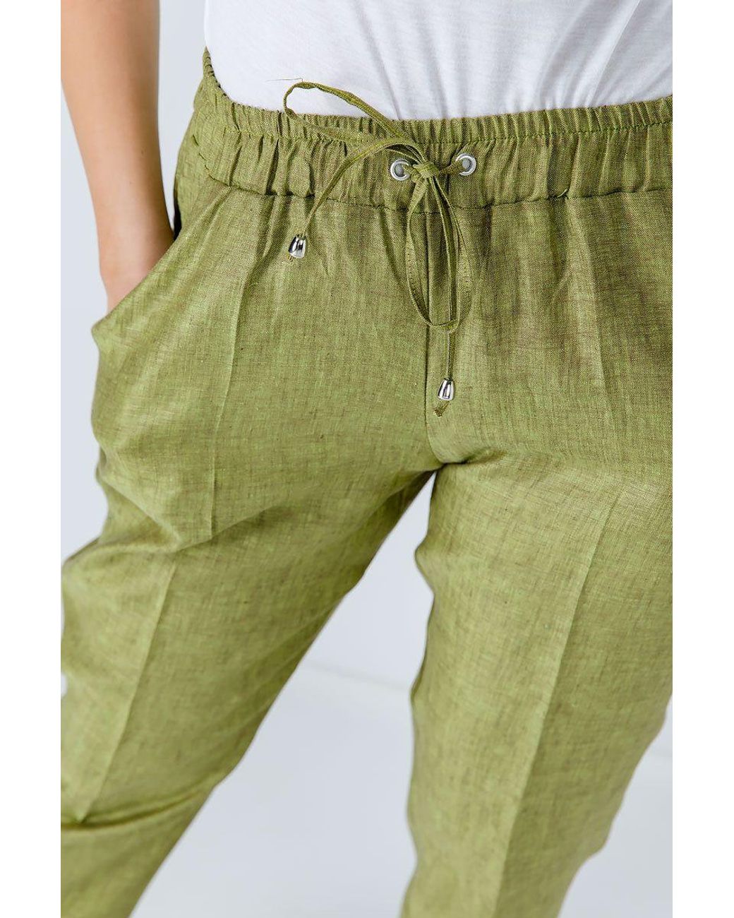 Conquista Green Linen Drawstring Pants