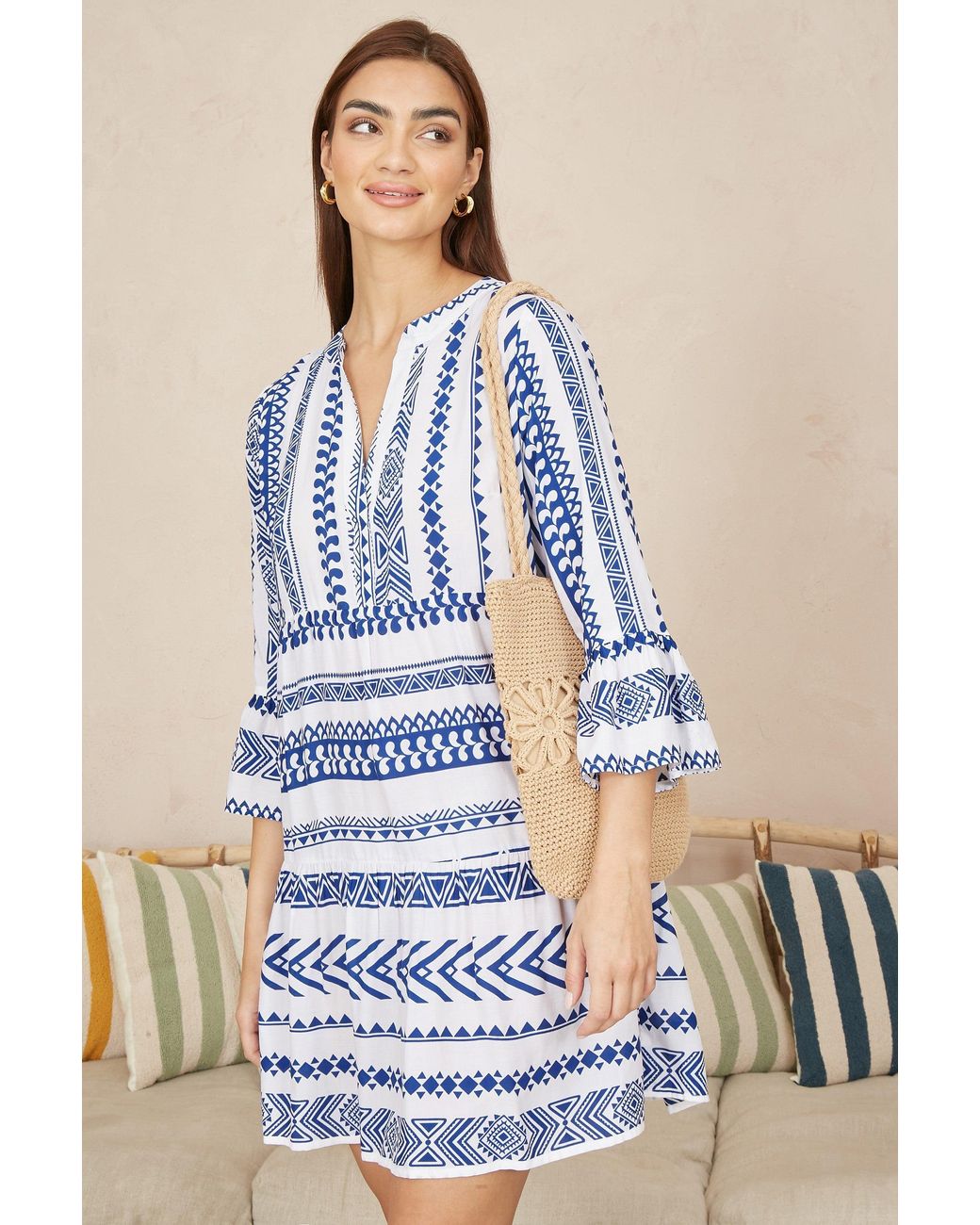 Yumi' Blue Geo Stripe Print Beach Tunic