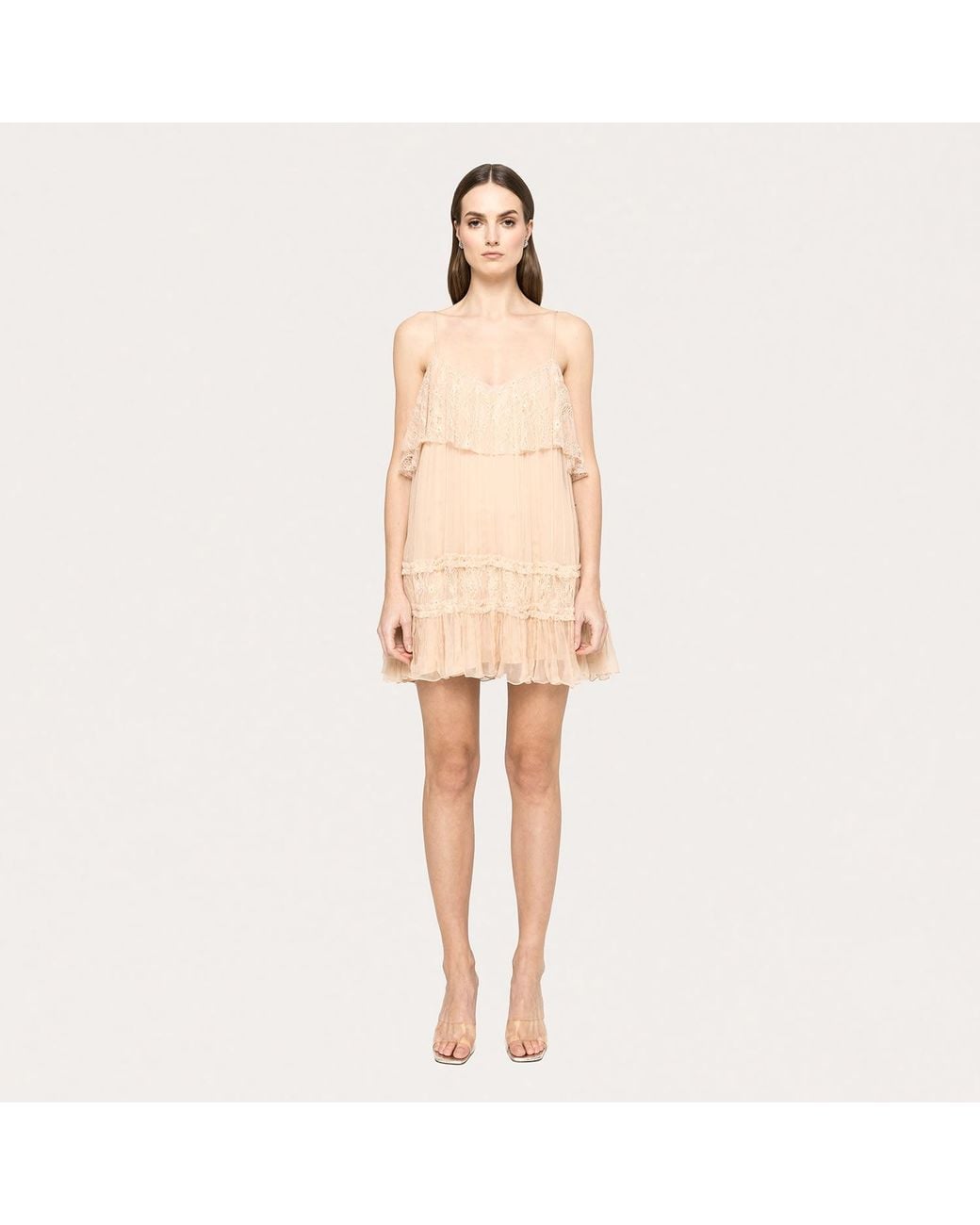 Nissa Pink Neutrals Lace Detail Silk Dress Nude