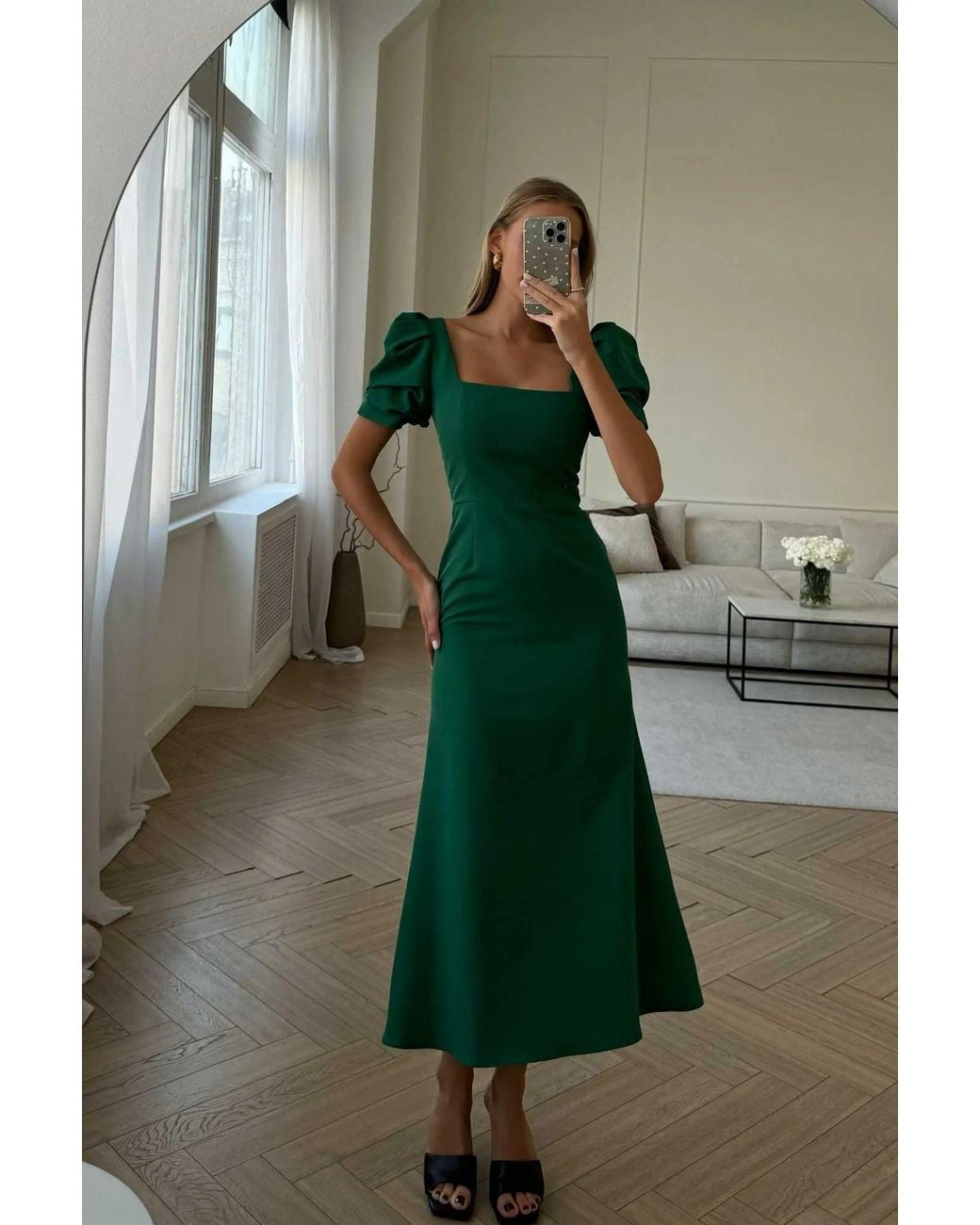 POST MERIDIEM Green Emerald Godet Silhouette Square Neck Midi Dress
