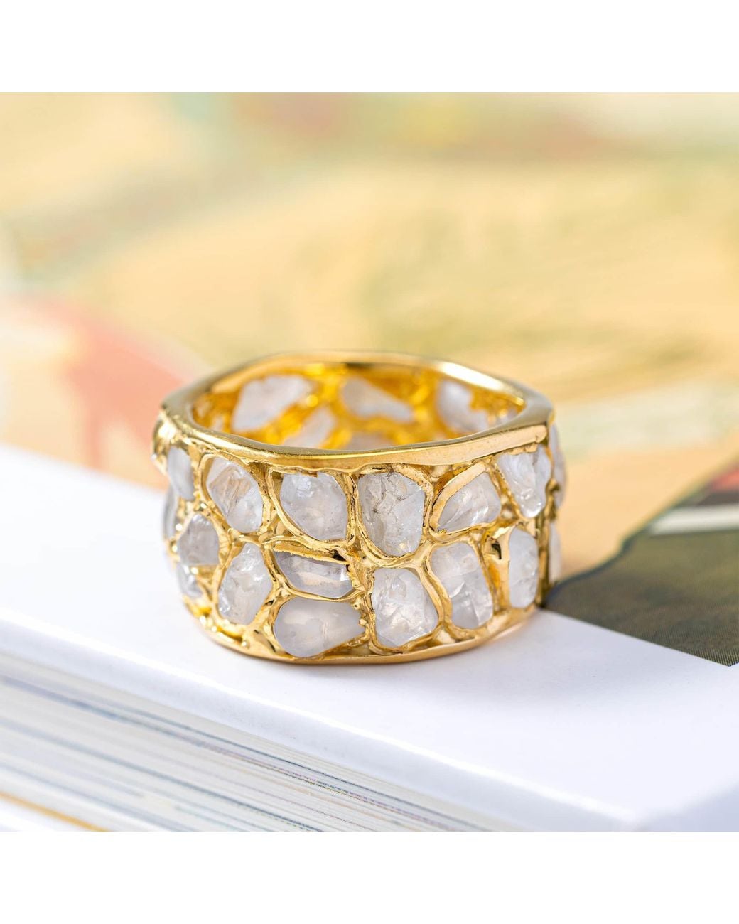 German Kabirski Metallic Thia Handcrafted Plated Barrel Ring With Raw Natural Zircon Mosaic
