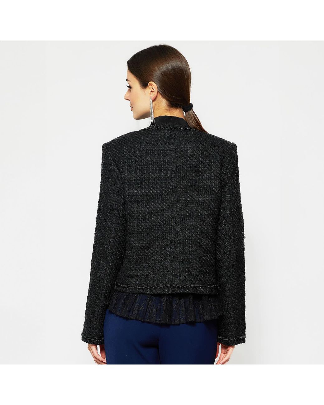 Solgo Atelier Black Pogonia Tweed Bouclé Cropped Jacket With Beaded Trim