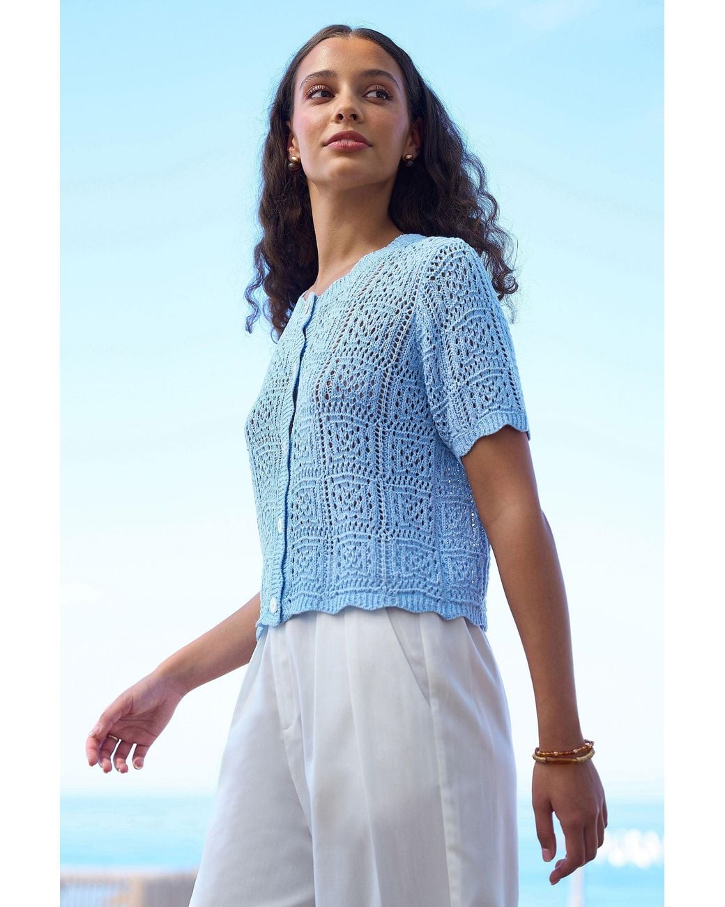 Yumi' Blue Crochet Short Sleeve Cardigan