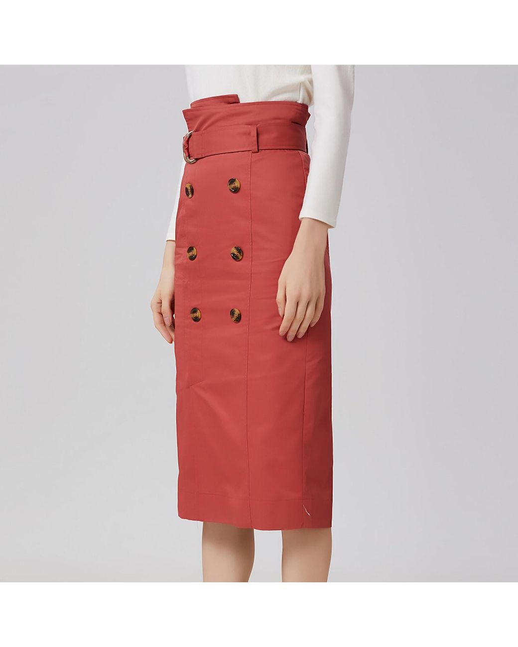 Smart and Joy Red Double-Breasted Straight Cotton Skirt With Belt
