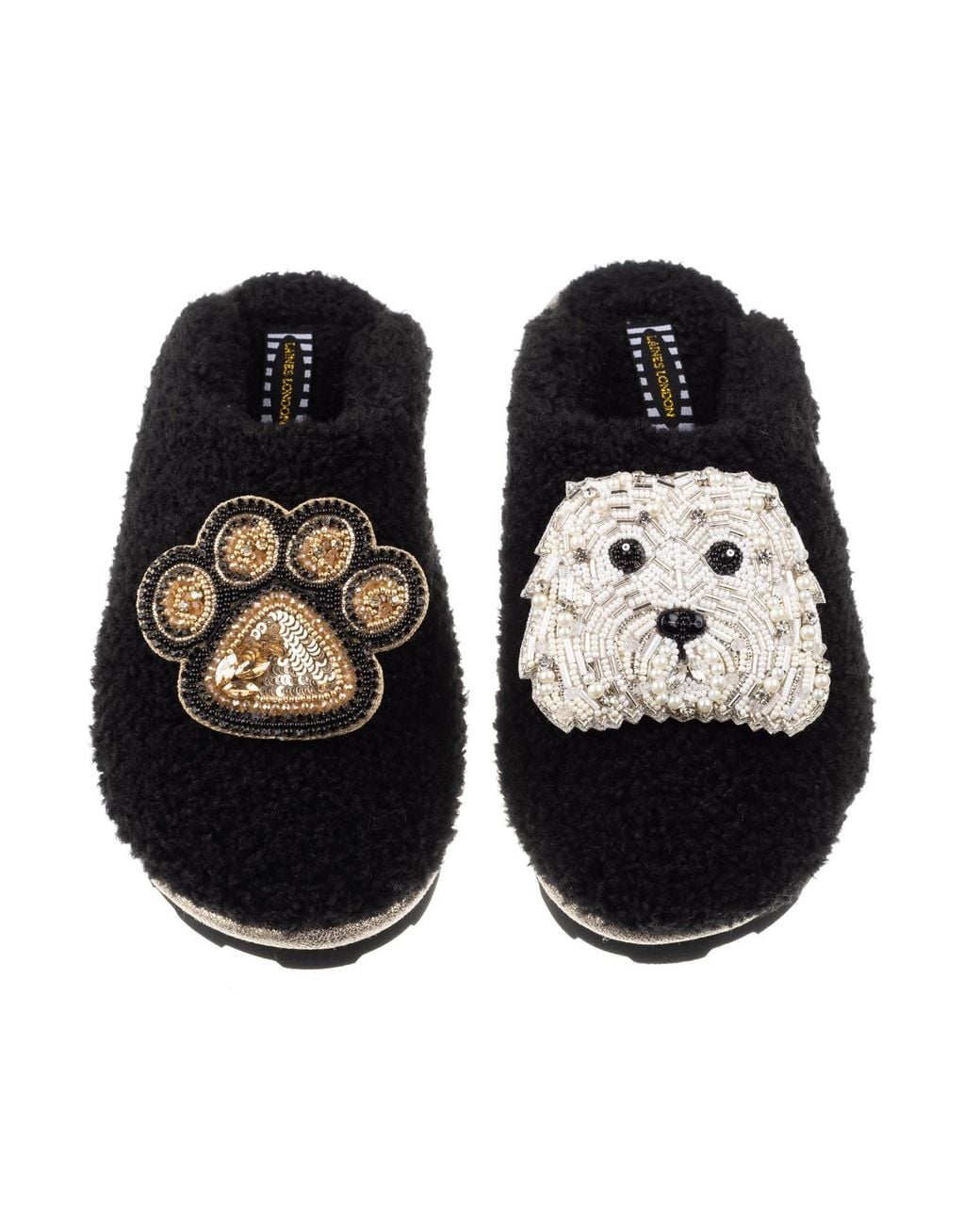 Laines London Black Teddy Towelling Closed Toe Slippers With Queenie The Bichon Frise & Paw Brooch