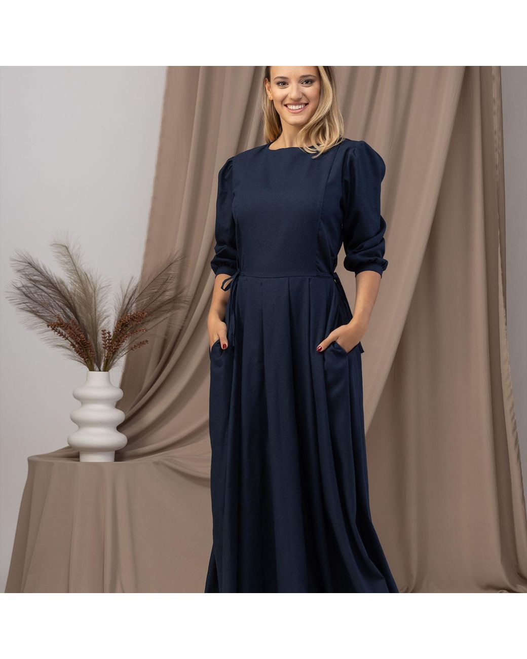 Nikka Place Blue Vintage Inspired Linen Dress With Puff Sleeves And Pockets