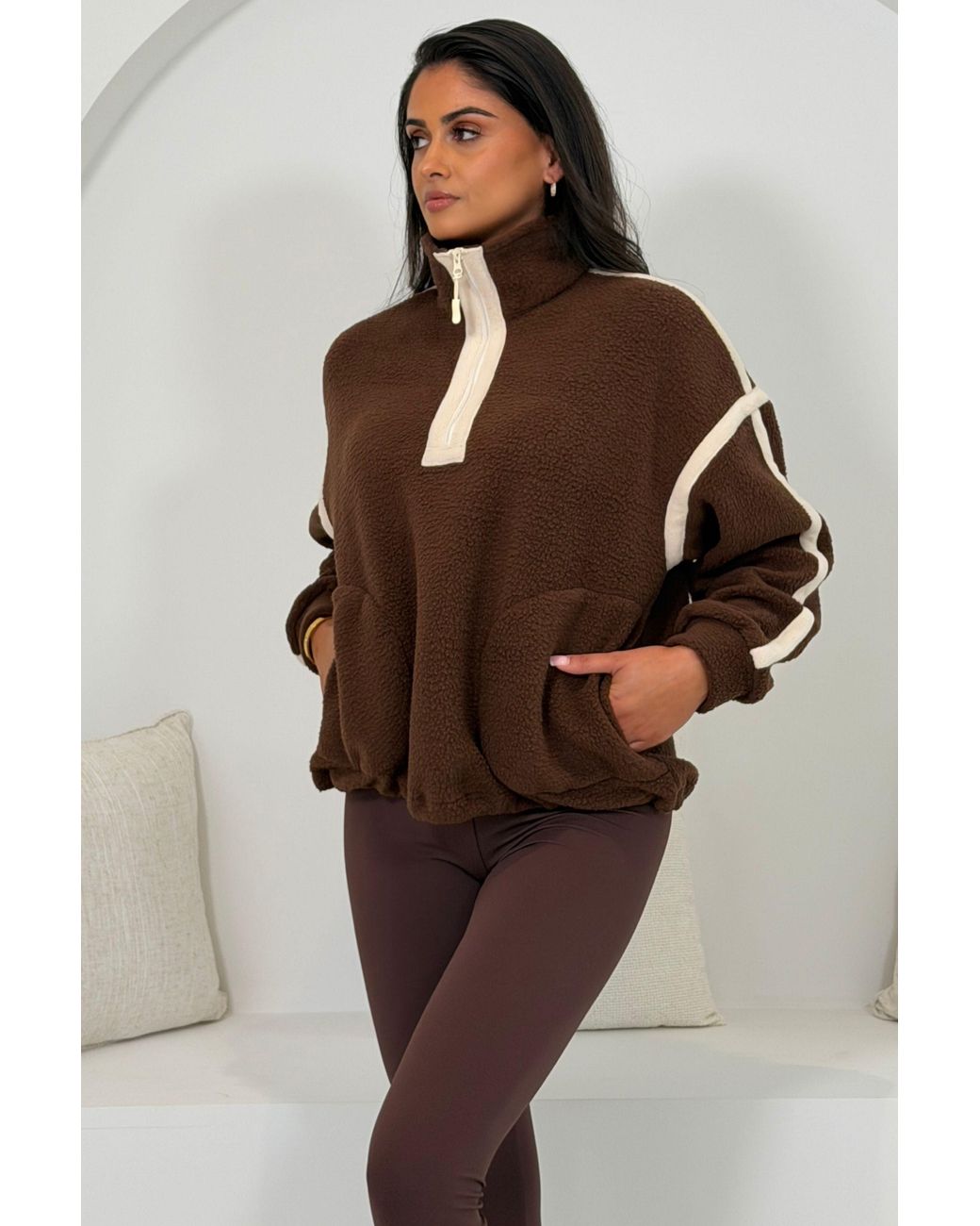Girl In Mind Brown Lilo Contrast Binding Zip Pocket Detail Fleece Chocolate