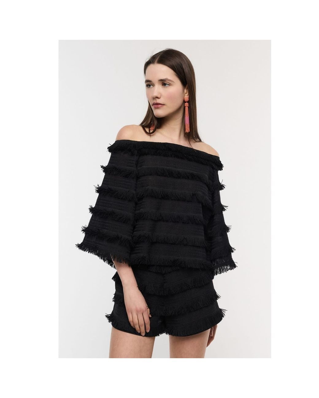 Mirimalist Black Fringe Off Shoulder Top