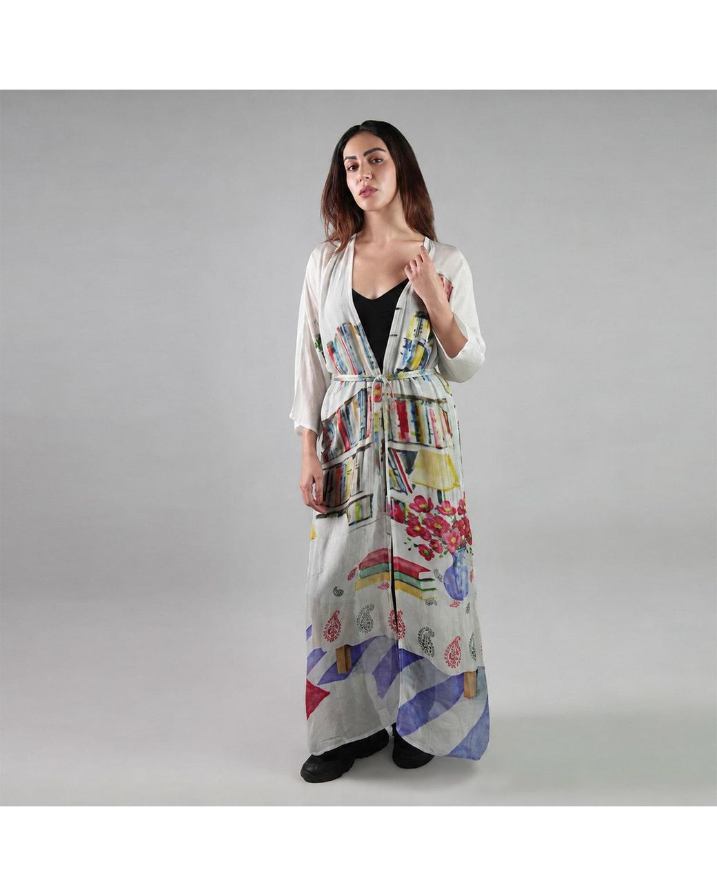 DHARA SHETH DUBAI White Abode Artistic Bookshelf Kimono Dress - & Library Print