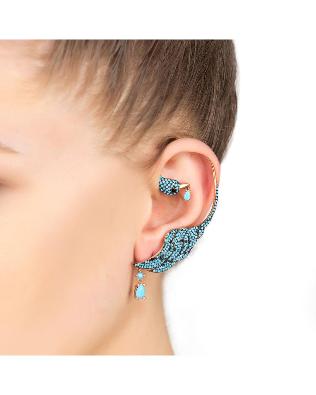 Latelita London Blue Bird Paradise Ear Climber Turquoise Gold Right