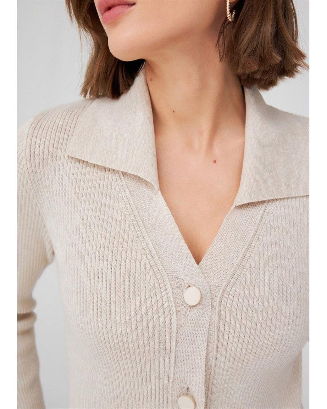 Peraluna Natural Neutrals Polo V-Neck Ribbed Knit Cardigan