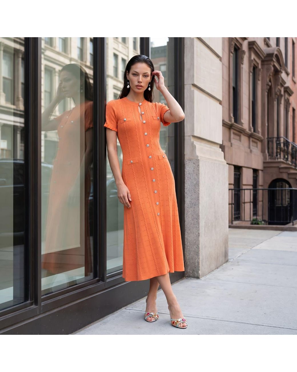 Modenaire Orange Button Front Knit Midi Dress