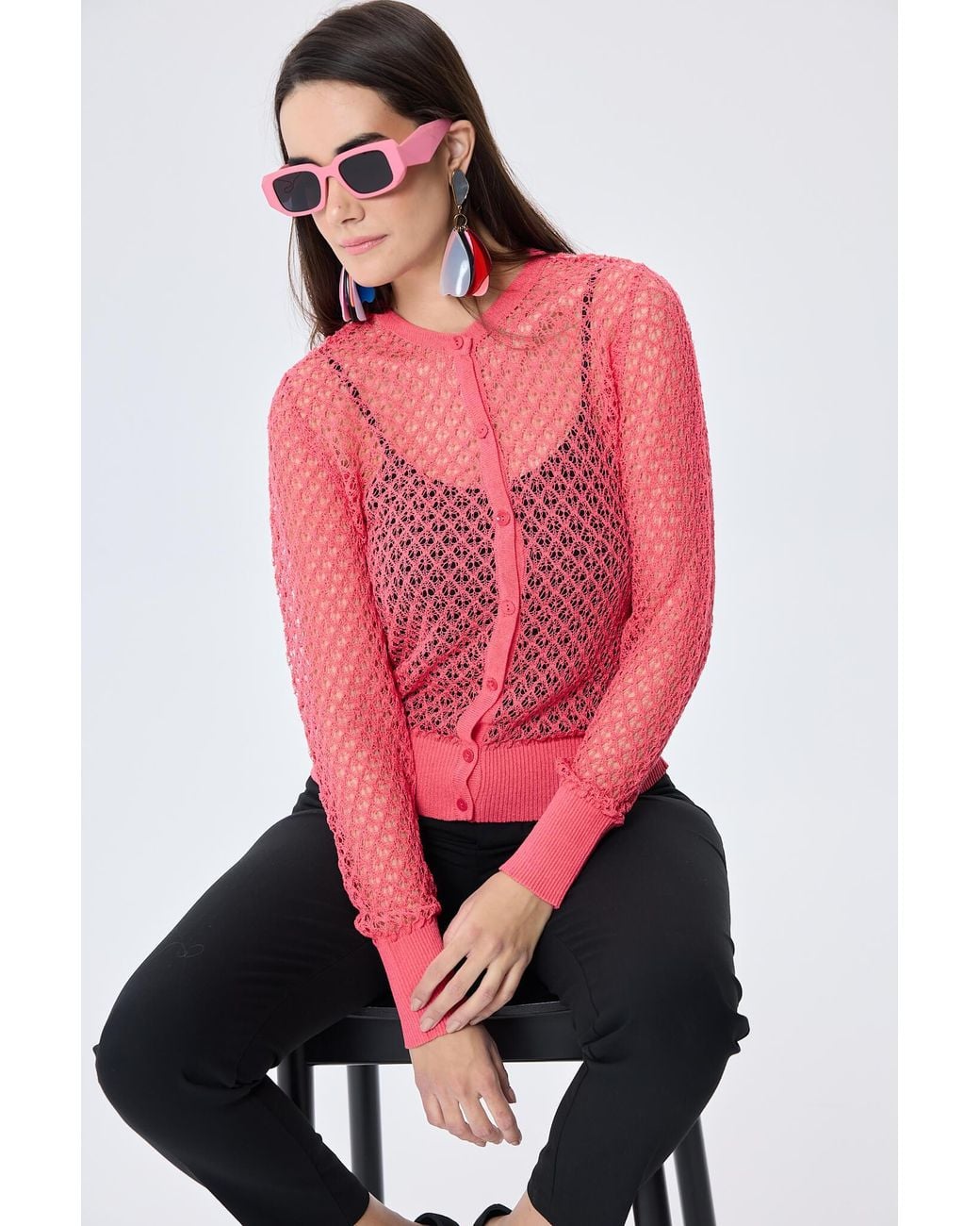 Peraluna Pink Addison Openwork Knit Cardigan