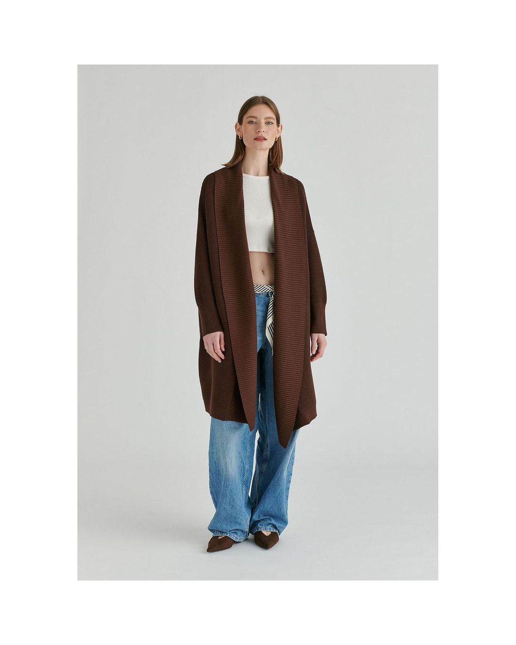 Paisie Brown Draped Collar Ribbed Cardigan