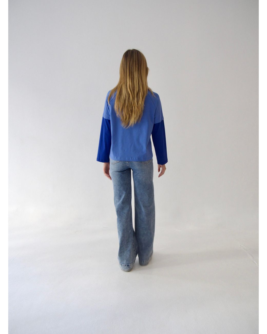 Mind Traveler Blue Double Sleeve Cropped Aria T-Shirt With Flower Detail