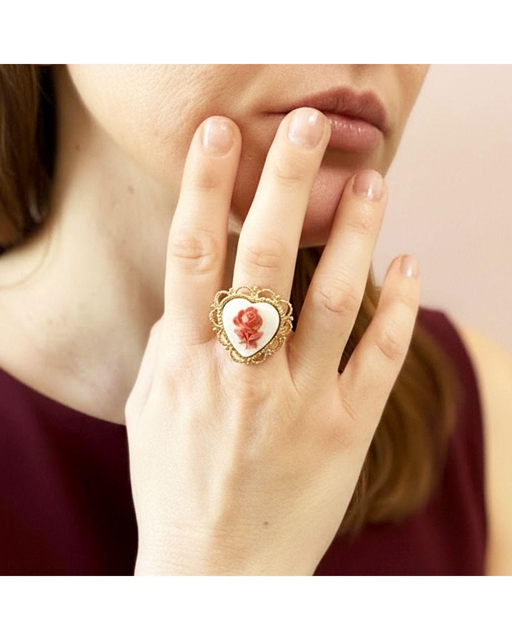 Vintouch Italy Red Blossom Heart Cameo Ring