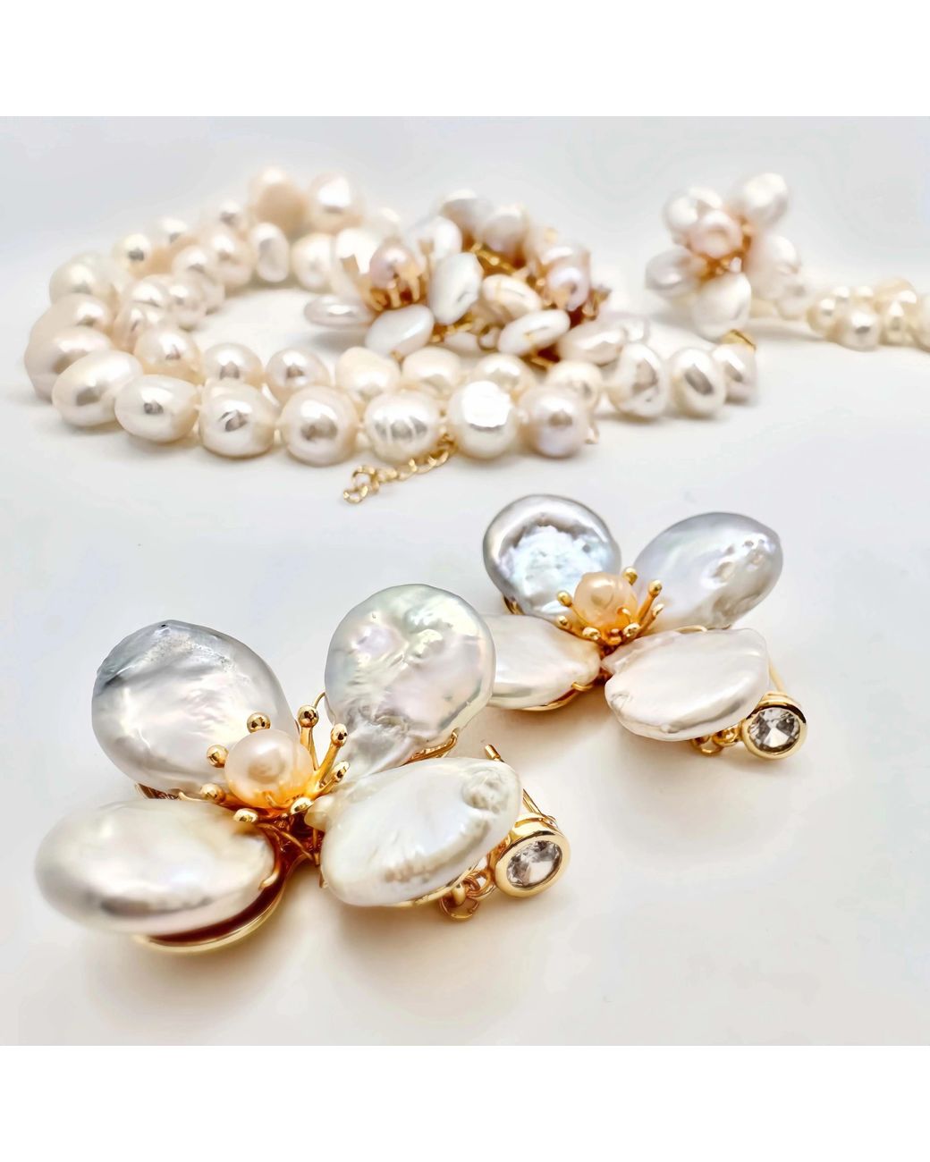 Angel Barocco Metallic Neutrals Baroque Pearls Flowers Earrings