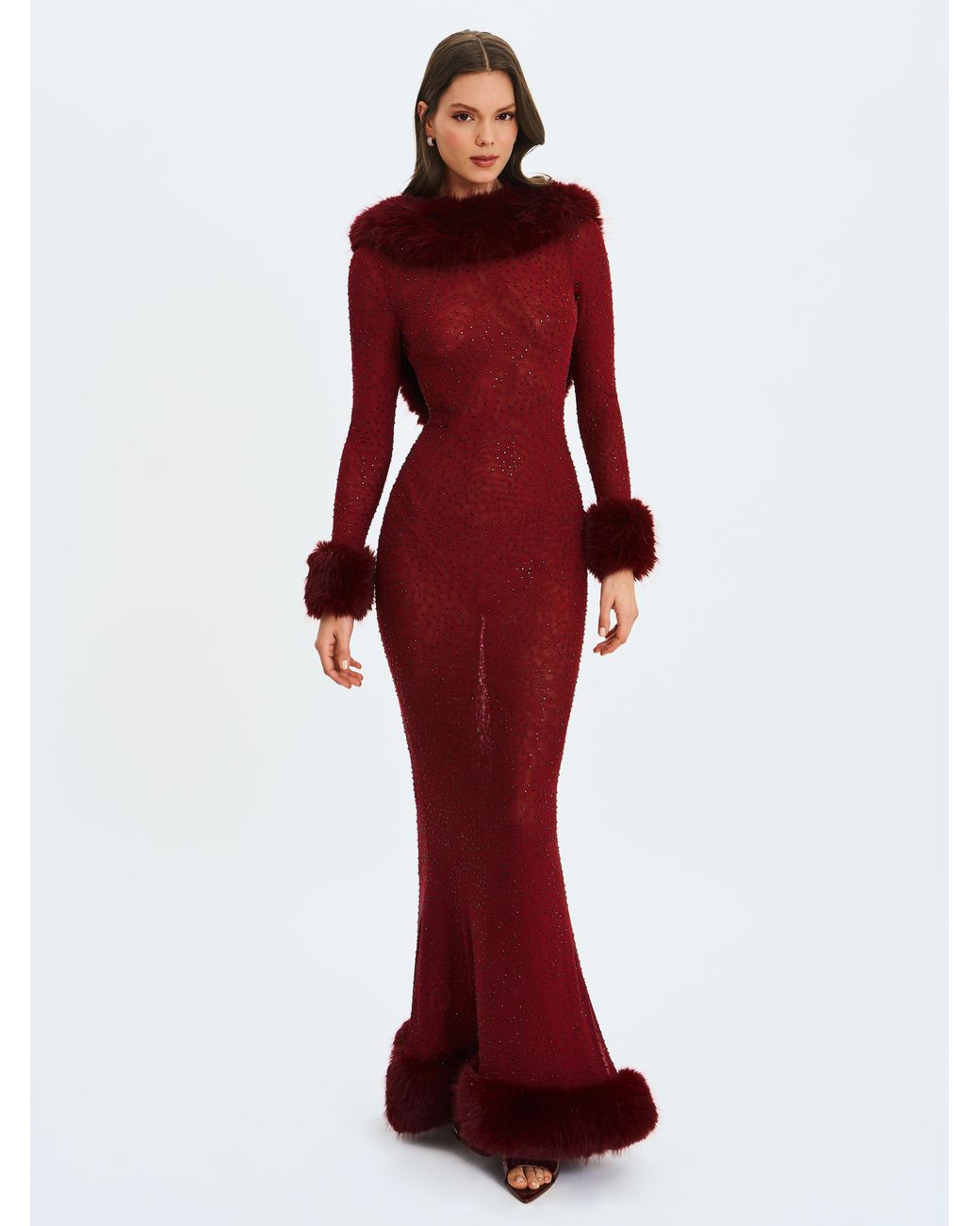Miss Circle New York Purple Mellie Burgundy Regular-Length Rhinestone Mesh Low Back Mermaid Gown