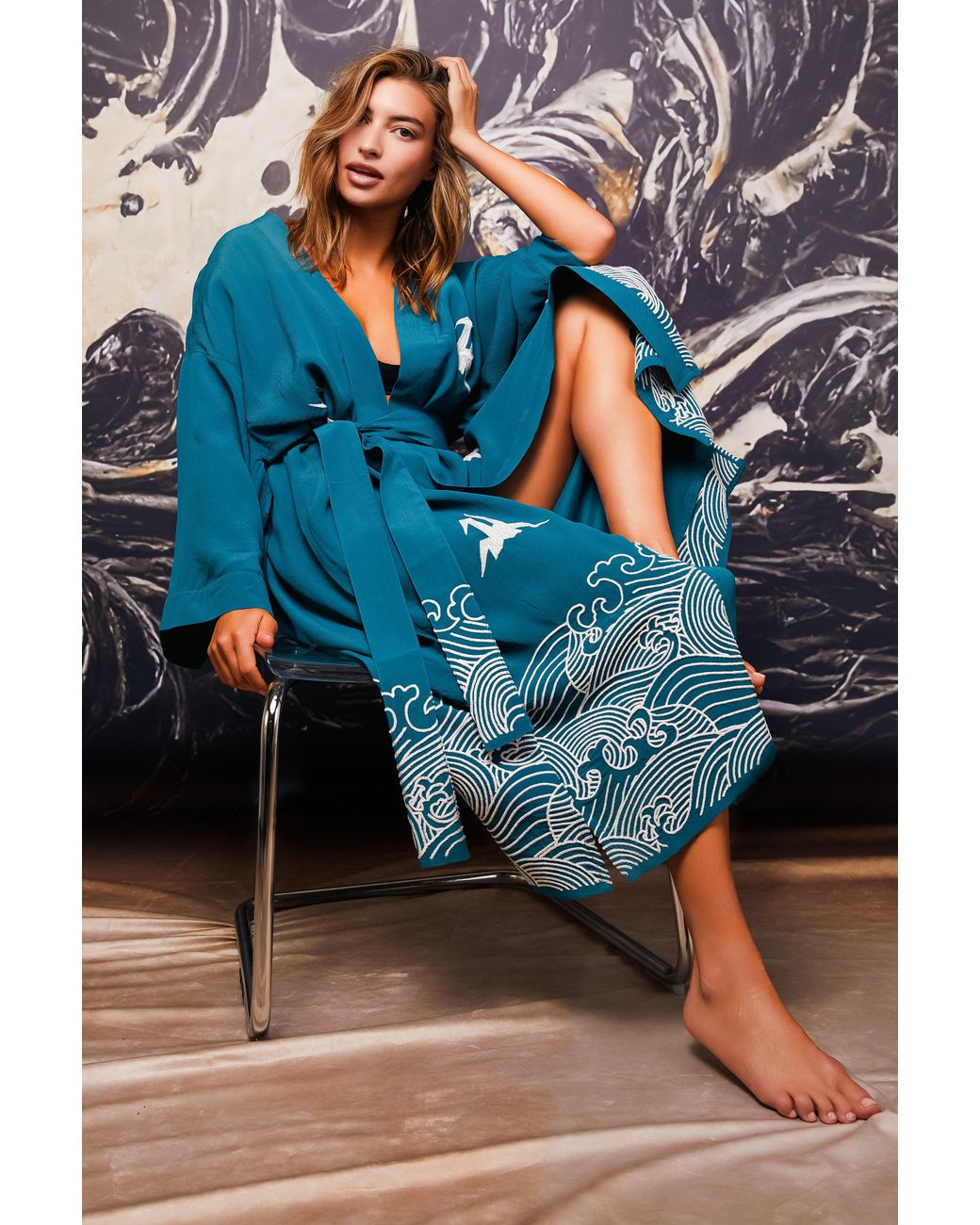 Artemis Muse Blue Origami & Hokusai Wave Embroidered Fully Lined Deep Long Kimono