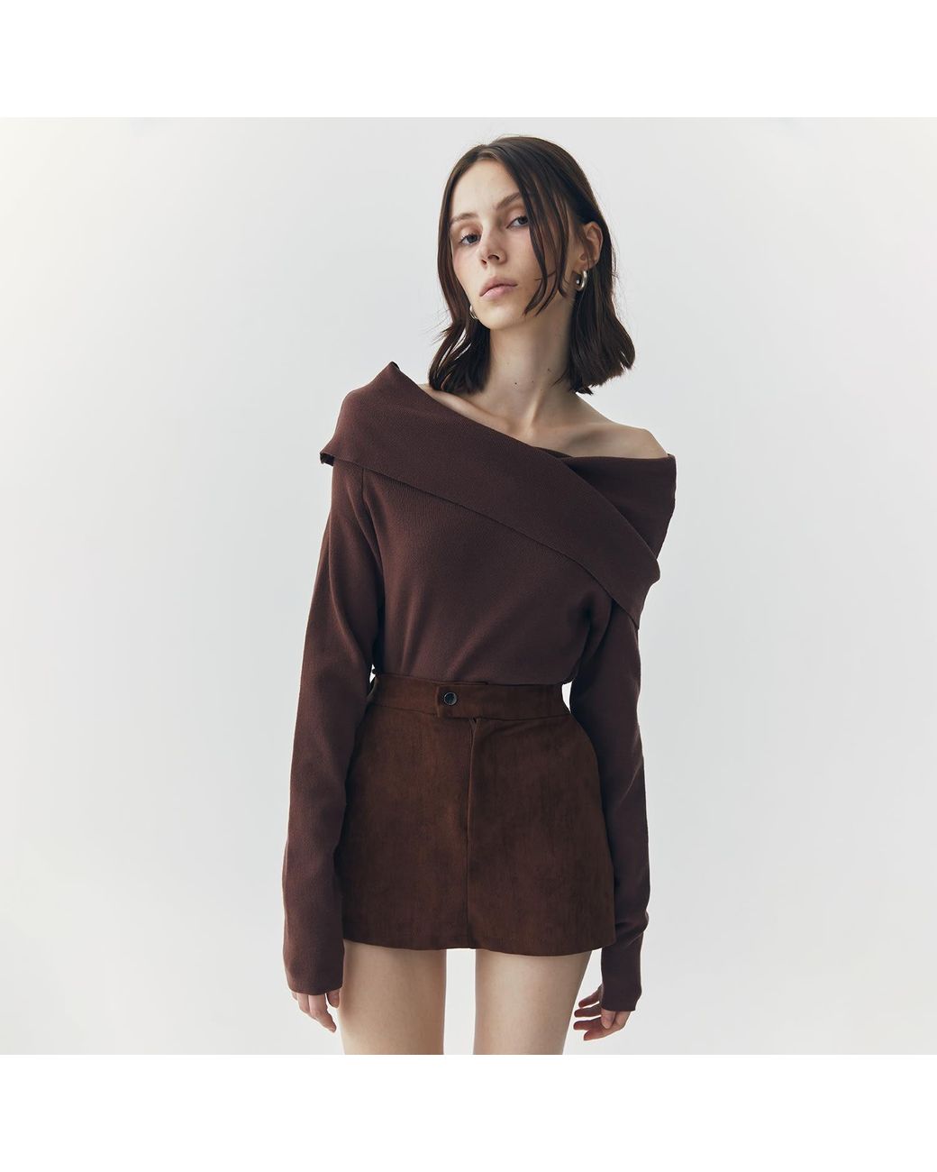 Ats the Label Brown Sia Off Shoulder Knit Top