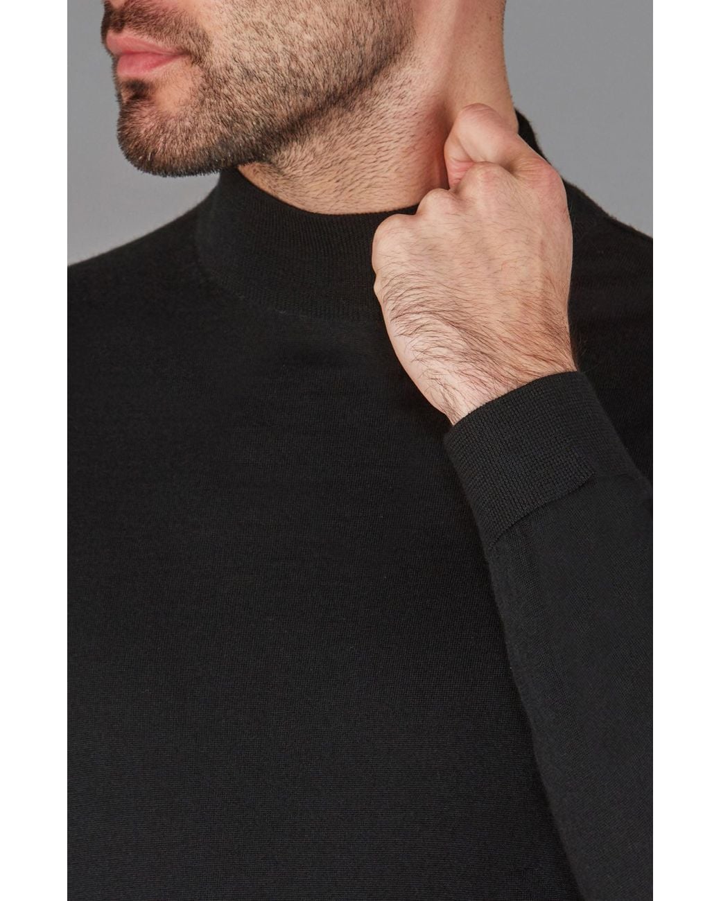 Paul James Knitwear Black Superfine Riccardo Merino Silk Mock Turtle Neck Jumper for men