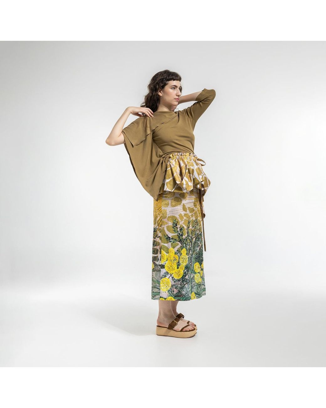 ARTISTA Yellow Fennel Pencil Skirt With Ruffled Belt