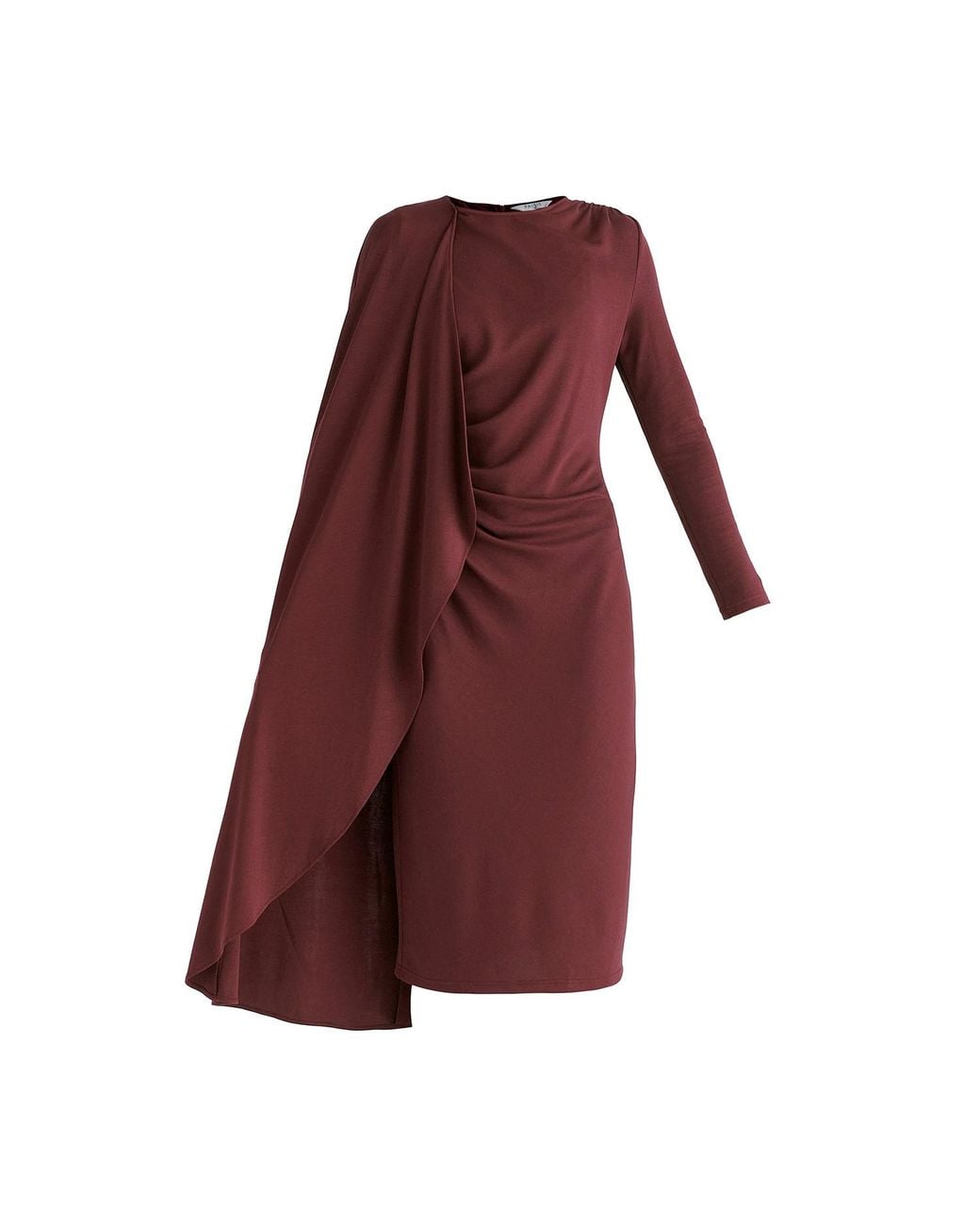 Paisie Red Asymmetrical Cape Sleeve Lyocell Jersey Midi Dress