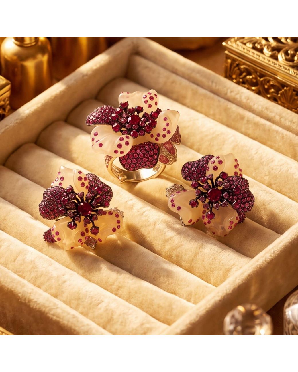Latelita London Pink Jade Ruby Rose Flower Cocktail Ring