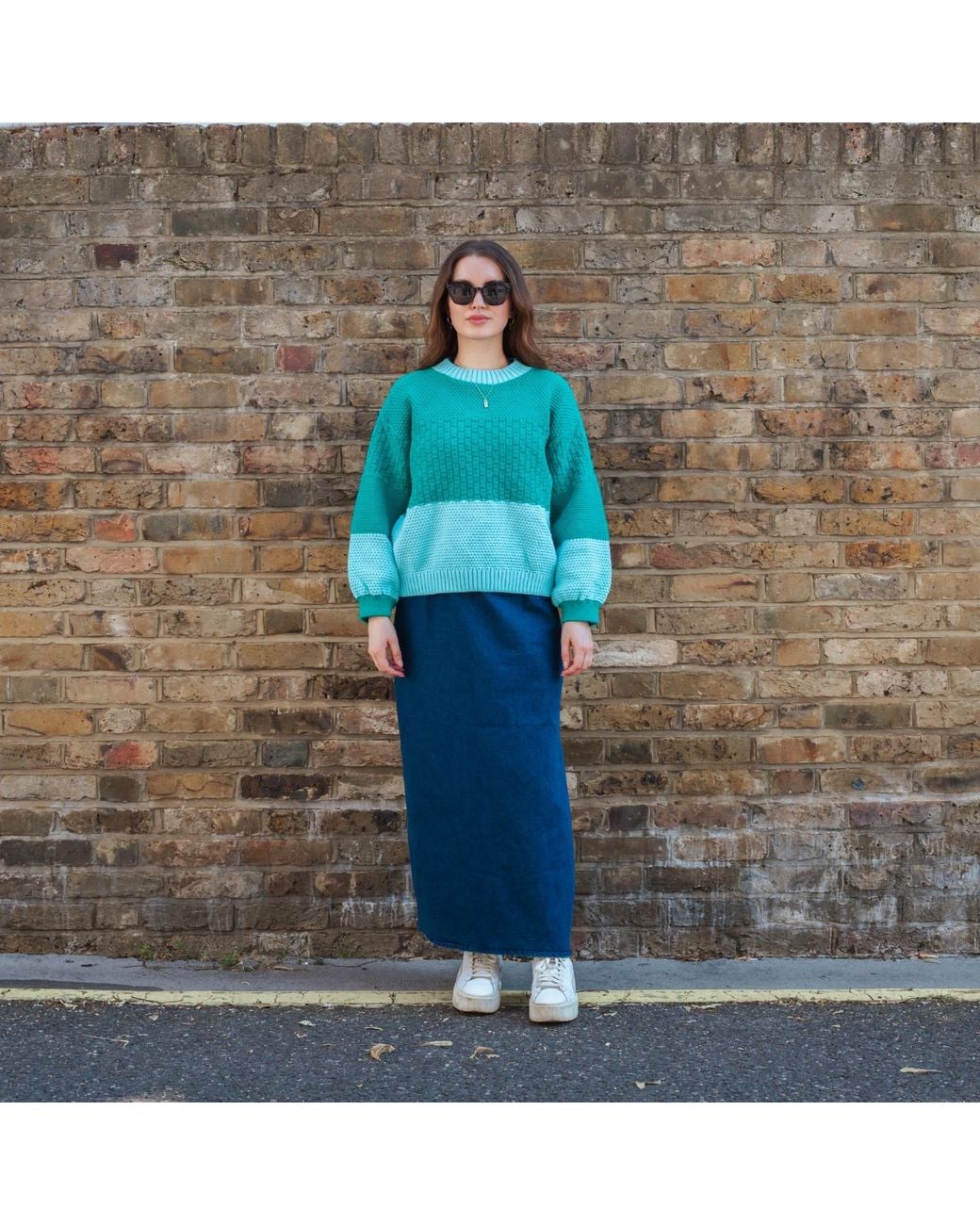 Cara & The Sky Green Taz Colour Block Balloon Sleeve Jumper