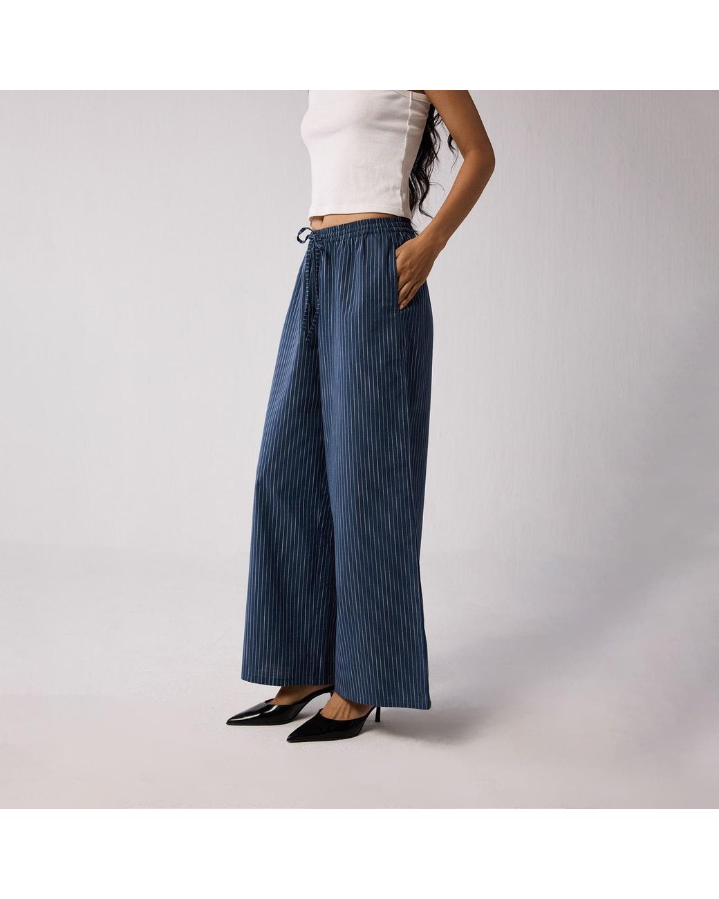 REISTOR Blue Wide-Leg Drawstring Pants With And Stripes