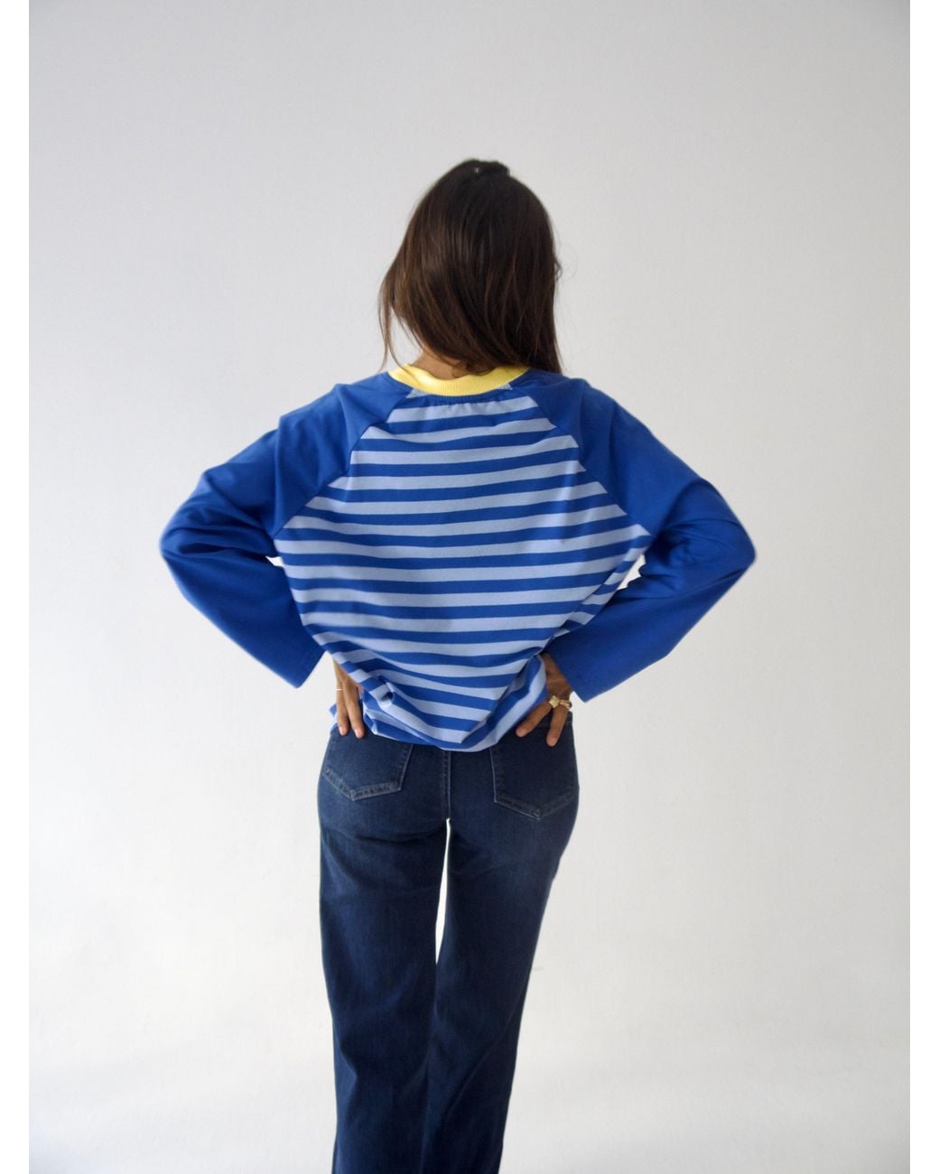 Mind Traveler Blue Striped Raglan Long Sleeve Carla Top With Contrast Neck