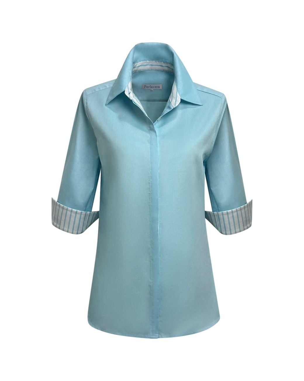 Perlavera Blue Sam Solid Hidden Placket Three Quarter Sleeve Slim Fit Cotton Oxford Shirt