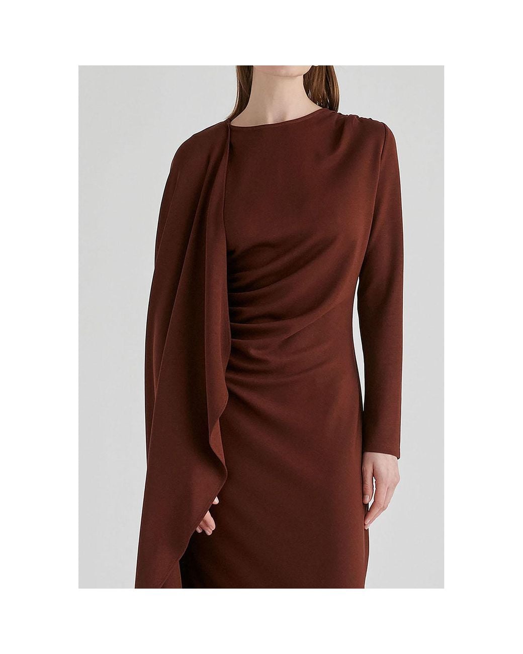 Paisie Brown Asymmetrical Cape Sleeve Lyocell Jersey Midi Dress
