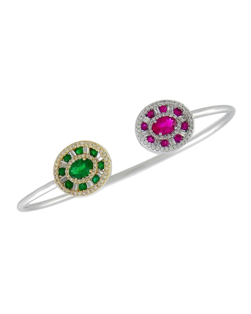 Artisan Green Baguette Ruby & Emerald Pave Diamond Cuff Bracelet