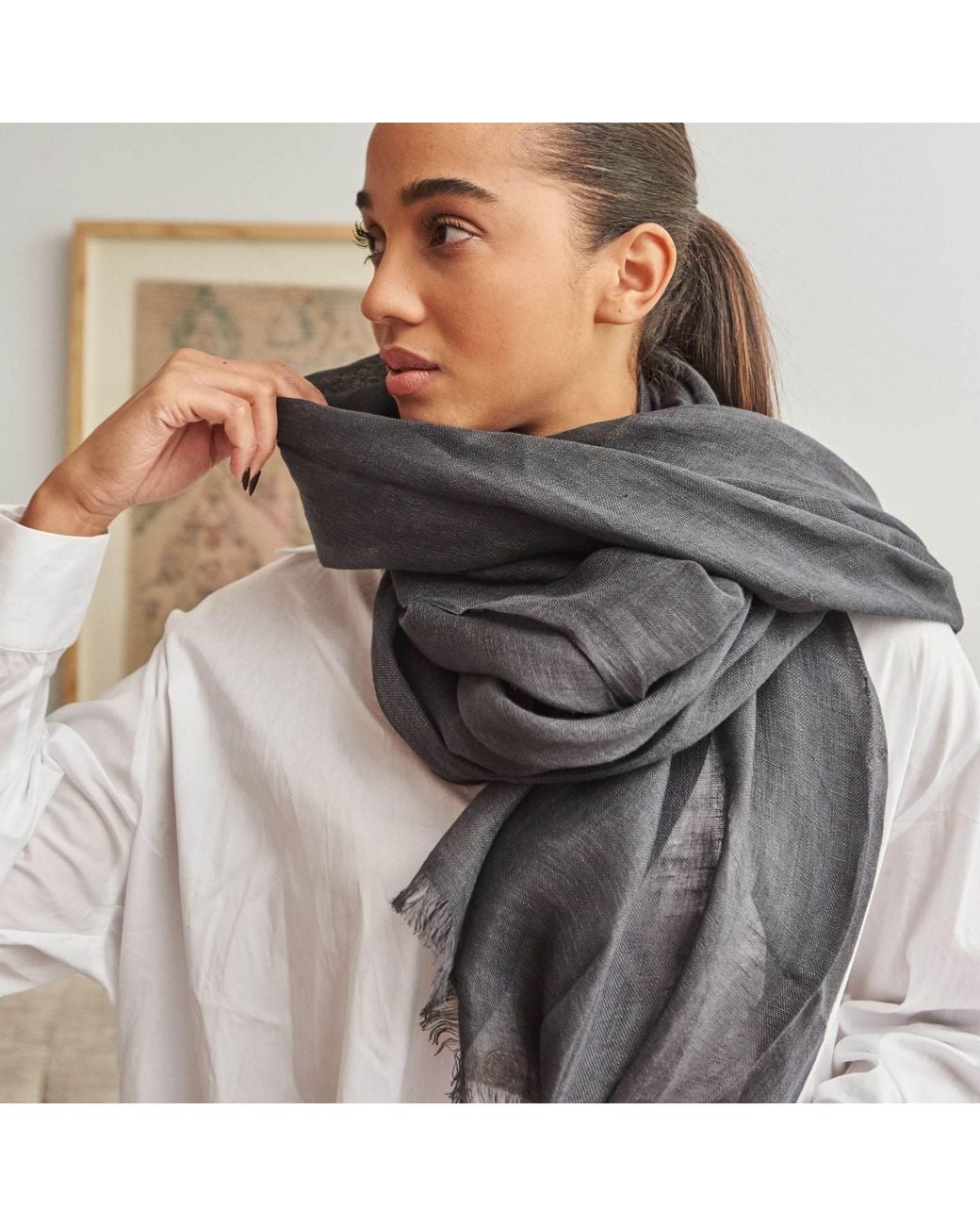 Variously Blue Charcoal Dark Hand Woven Soft Linen Silk Blend Scarf