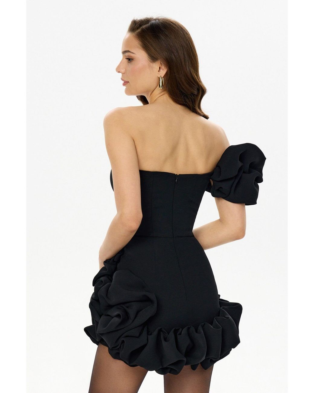 POST MERIDIEM Black Flounced Bottom One Shoulder Bustier Dress