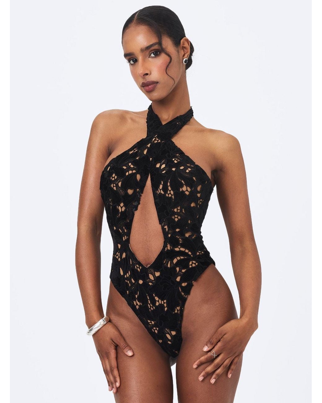 Miss Circle New York Black Breanna Velvet Lace Crossover Halter Swimsuit