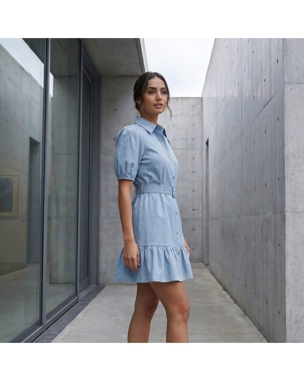 Modenaire Blue Button Up Mini Dress Sculpted Sleeve